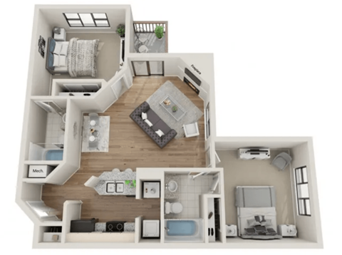 Floor plan for 2 beds, 2 baths, 958 sqft
